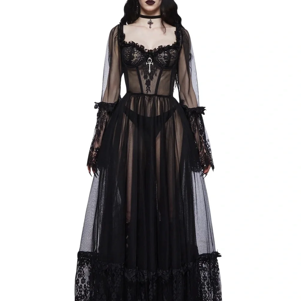 Dolls Kill Black Sheer Gothic Lace Maxi Dress - Picture 1 of 3